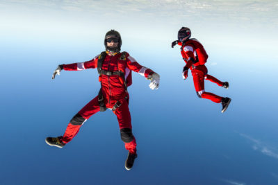 Two professional skydivers upside down during free fall