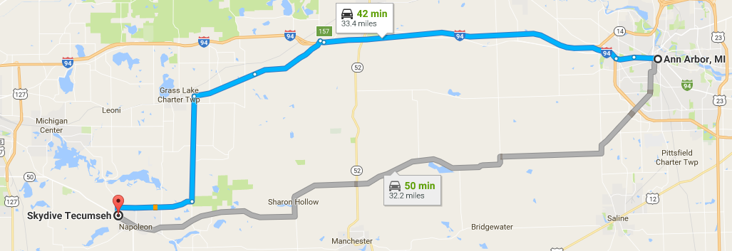 Directions from Ann Arbor to Skydive Tecumseh