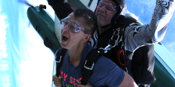 Tandem skydivers seconds after jumping from the plane