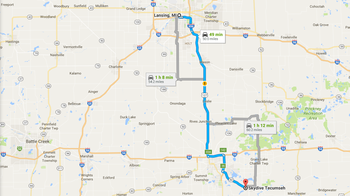 Directions from Lansing, MI to Skydive Tecumseh