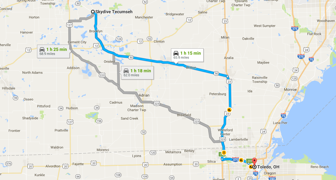 Directions from Toledo, OH to Skydive Tecumseh