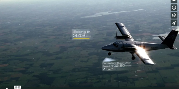 Airplane flying over green fields