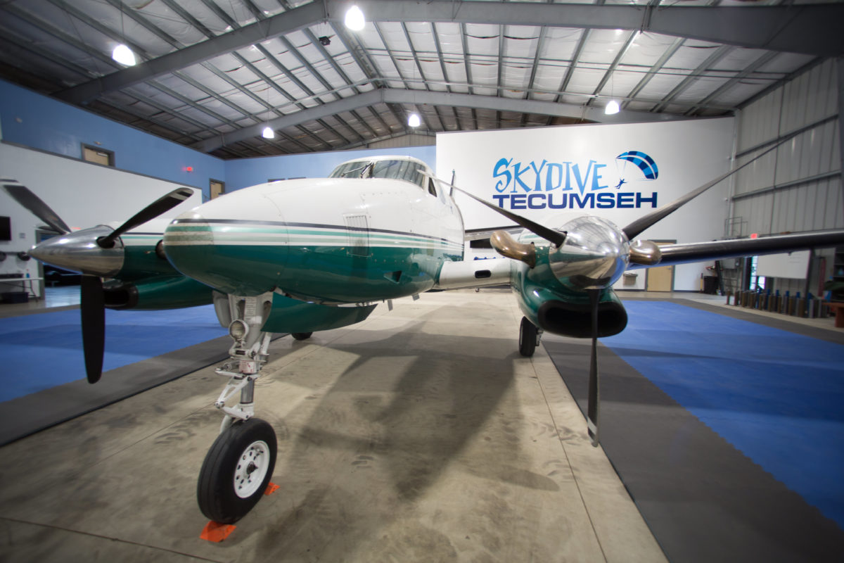 King Air parked in Skydive Tecumseh's New Hangar